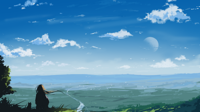 Girl and cat overlooking a vast landscape under a cloudy sky