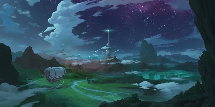 Alien landscape with towers and airship under starry sky