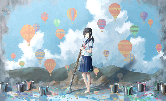 Girl with Black Hair in Uniform Painting Hot Air Balloons