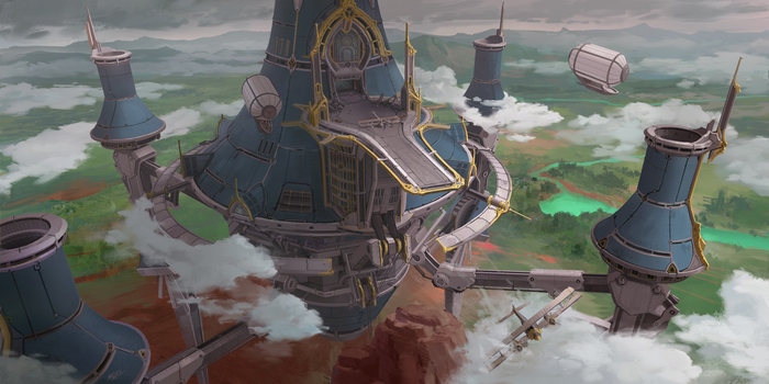Floating city with airships and biplanes