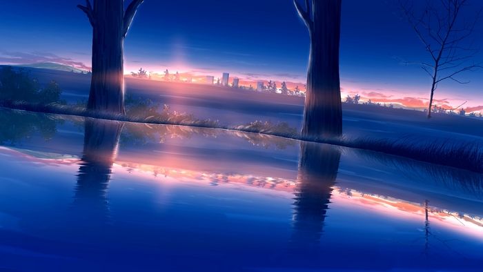 Anime Landscape with Reflection at Sunset