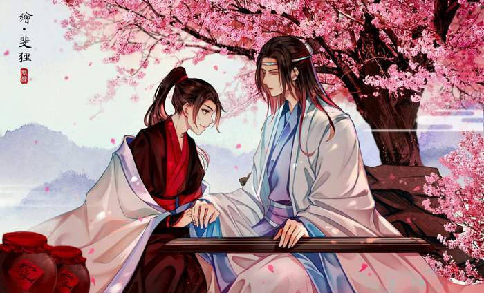Wei Wuxian and Lan Wangji from Mo Dao Zu Shi under cherry blossoms