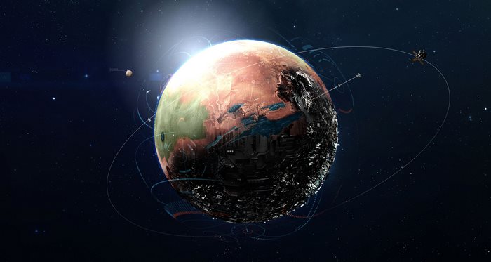 Per Aspera planet with orbital satellites