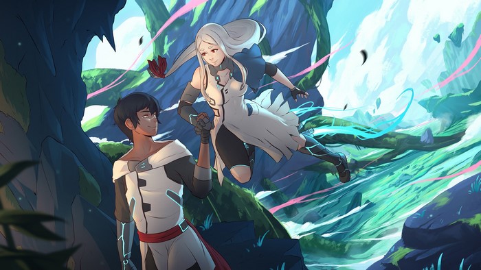 Two characters in a fantastical forest landscape
