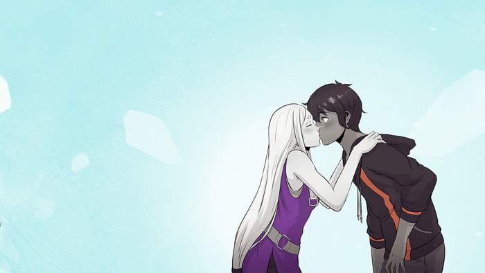 Couple kissing against a light blue background