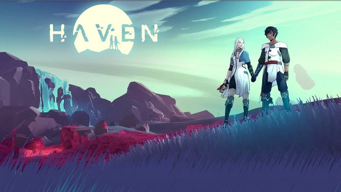 Haven video game title screen with two characters