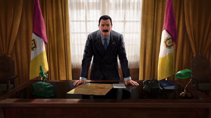 Man in suit standing behind desk with flags