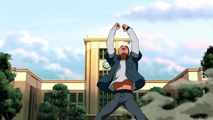 Wally West from Young Justice celebrating outside a school