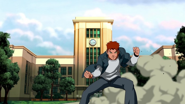 Wally West from Young Justice in front of a school