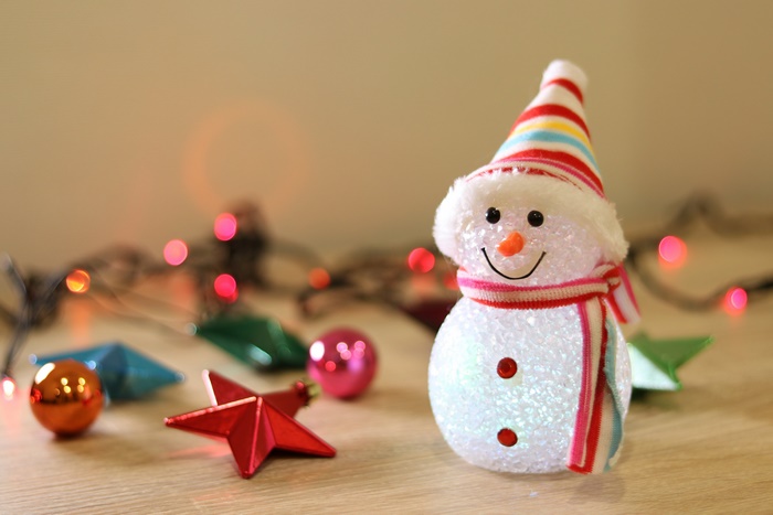 Christmas snowman with ornaments and lights