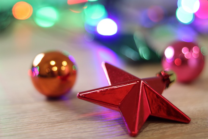 Christmas ornaments and bokeh lights