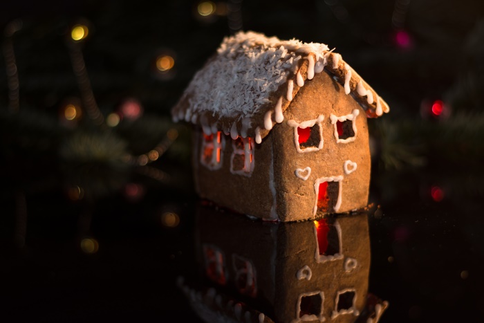 Gingerbread house with Christmas lights