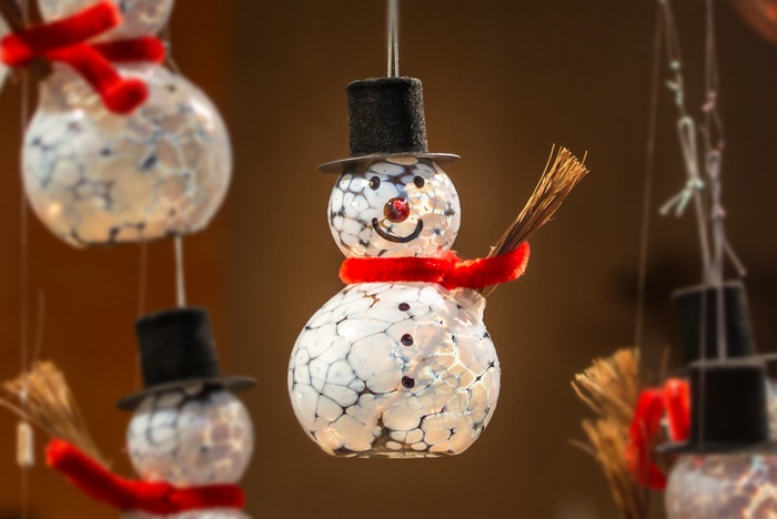 Glass Snowman Decorations with Top Hats and Scarves
