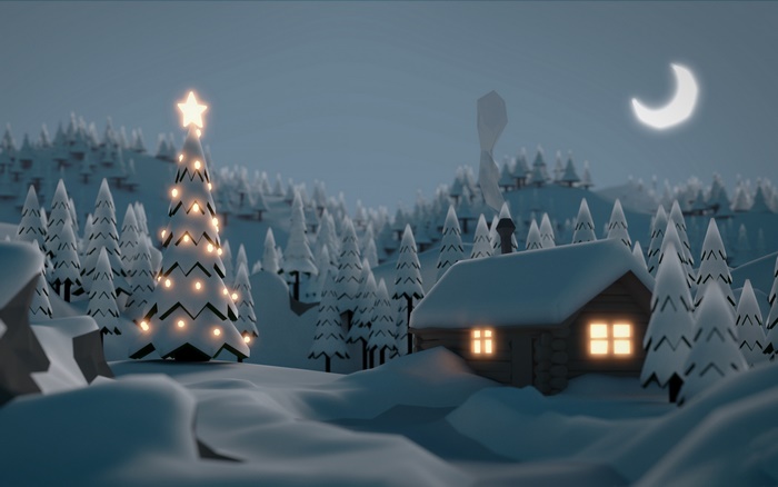 Christmas tree and cabin in a snowy forest at night