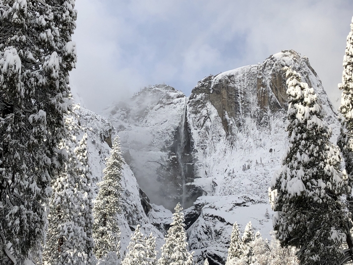 Snowy Yosemite National Park Waterfall in Winter