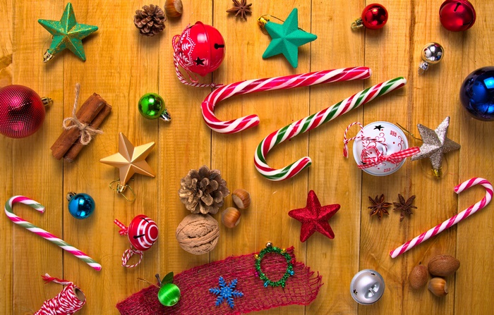 Christmas Ornaments, Candy Canes, Nuts, and Cinnamon Sticks