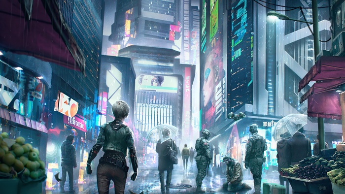 Cyberpunk city street with people in the rain