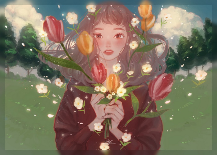 Girl holding tulips surrounded by flowers