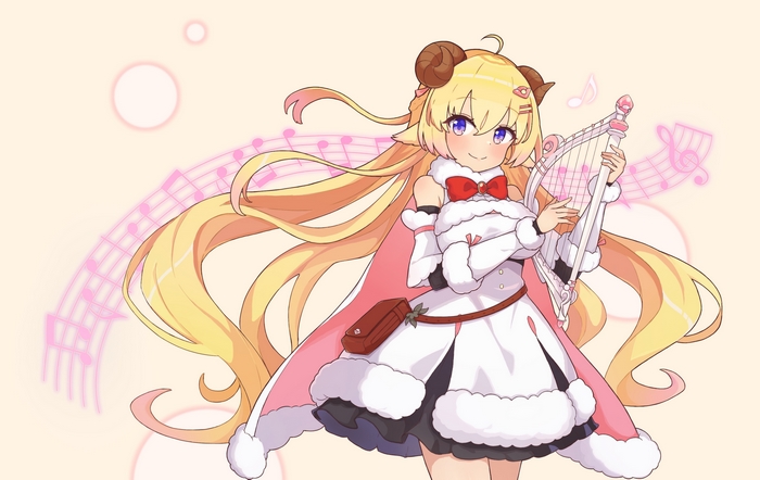 Tsunomaki Watame from Hololive playing a harp