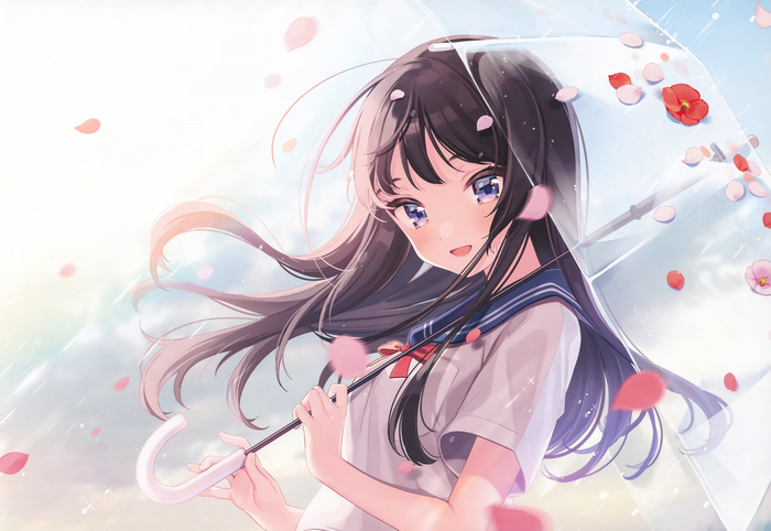 Girl with Black Hair and Blue Eyes Holding Umbrella