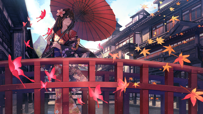 Girl in Kimono with Umbrella and Butterflies