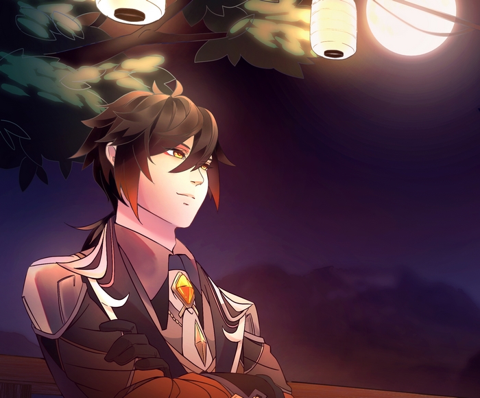 Zhongli from Genshin Impact under lanterns