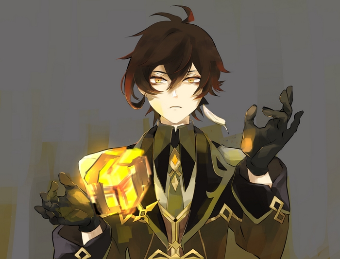Zhongli from Genshin Impact holding a Geo Crystal