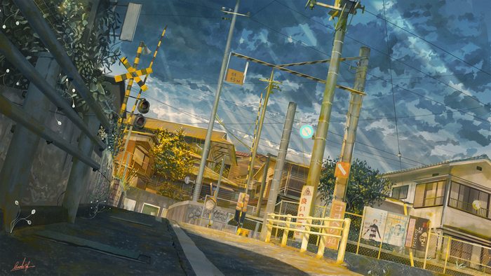 Japanese Train Crossing with Buildings and Sky
