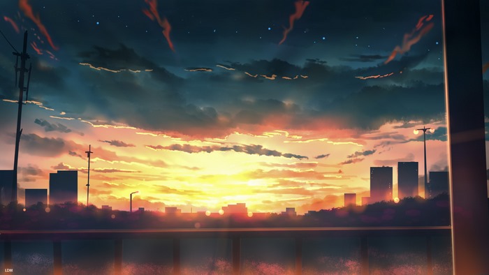 Anime Cityscape at Sunset with Dramatic Clouds
