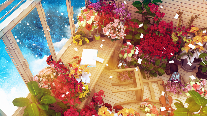 Flowers in a greenhouse with a starry sky