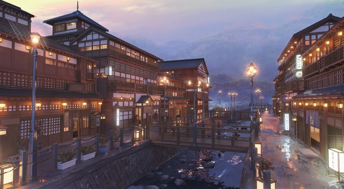 Traditional Japanese buildings at dusk with lanterns