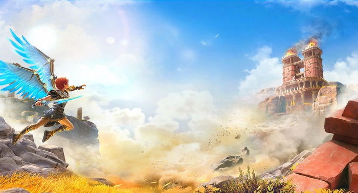 Fenyx from Immortals Fenyx Rising flying towards a burning temple