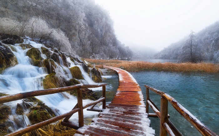 Winter waterfall and boardwalk in Croatia
