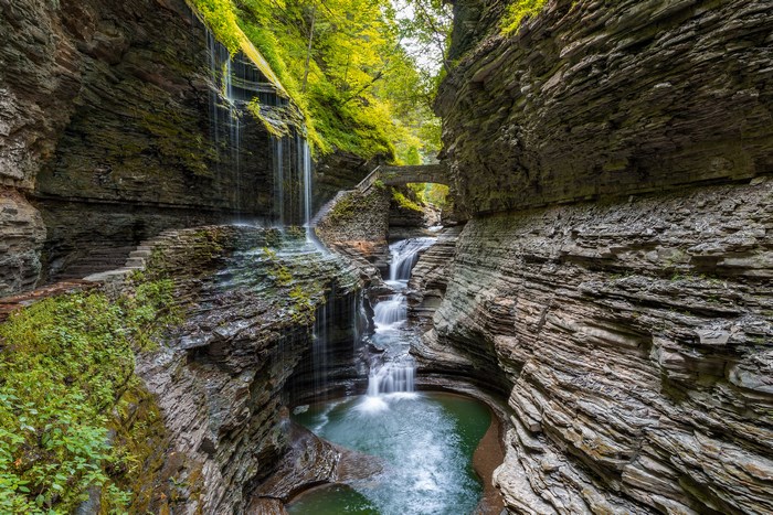 Waterfalls and stone bridge in Watkins Glen State Park