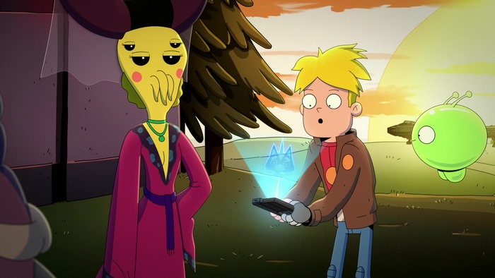 Gary Goodspeed and Mooncake from Final Space with an alien
