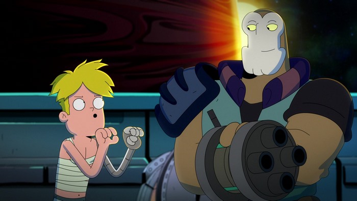 Gary Goodspeed and a large alien with a minigun from Final Space