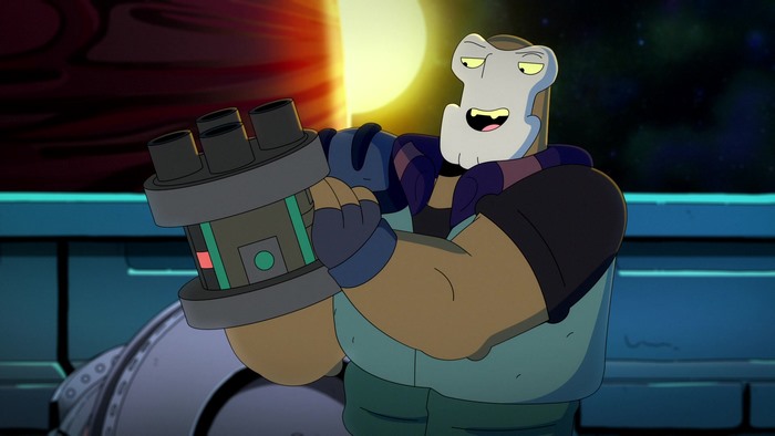 Gary Goodspeed from Final Space holding a device