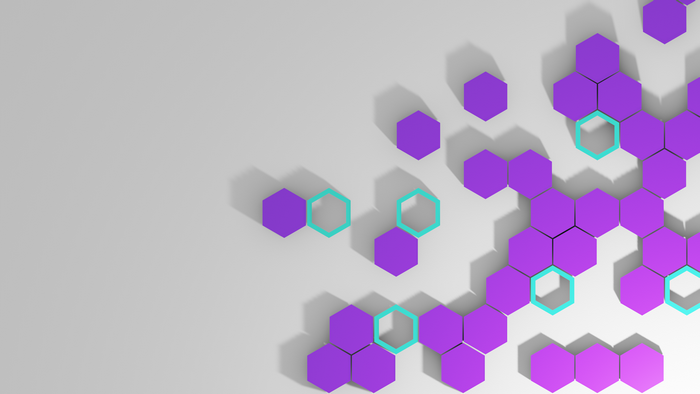 Purple and teal hexagons on a white surface