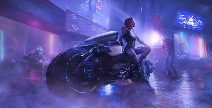 Sci Fi Cyberpunk Motorcycle with Figures