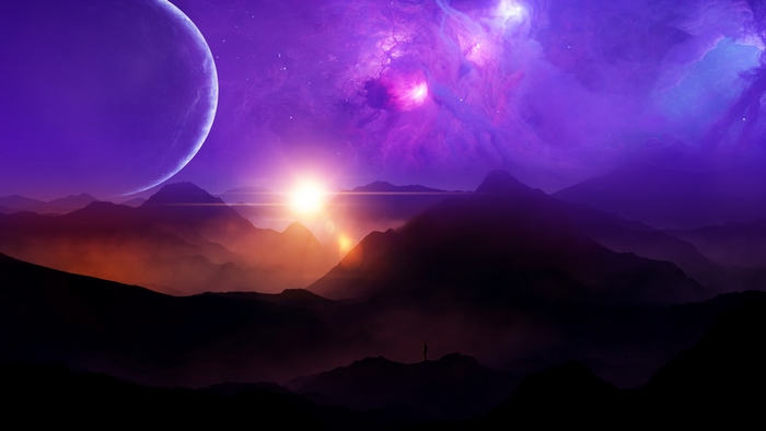 Planet and Nebula over Mountains at Sunset