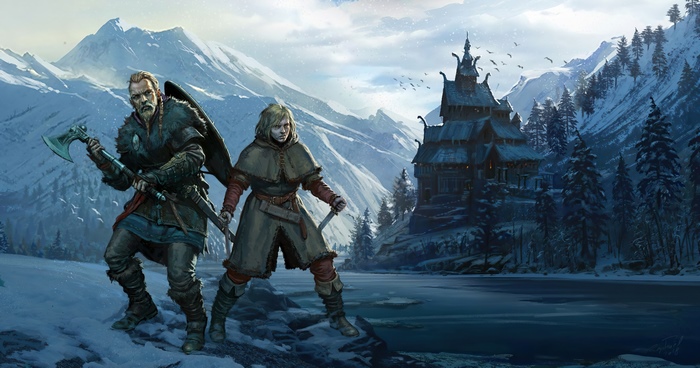 Two Vikings in a snowy landscape with a wooden building