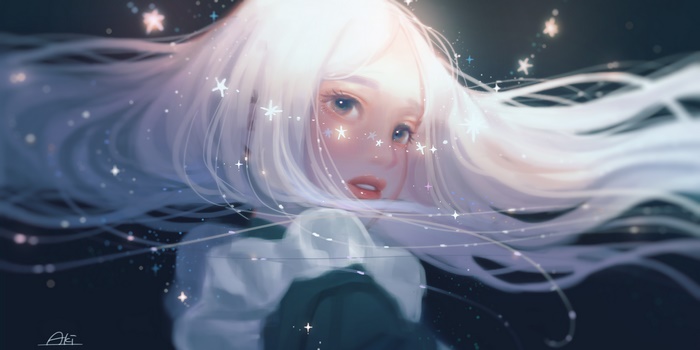 Girl with long white hair and stars