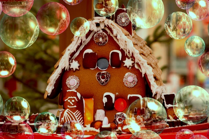 Gingerbread House with Christmas Decorations and Bubbles 4K