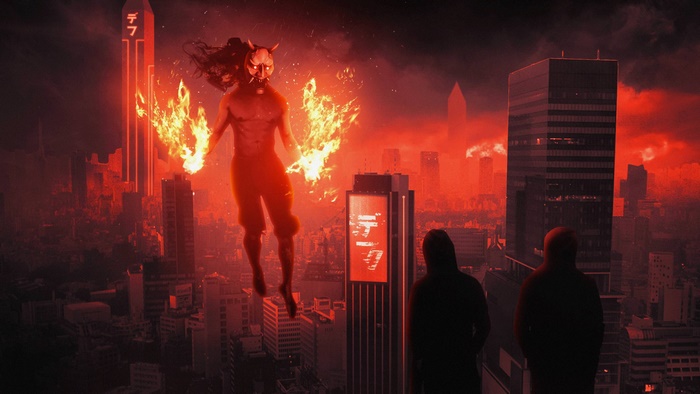 Demon with fire powers over a red city
