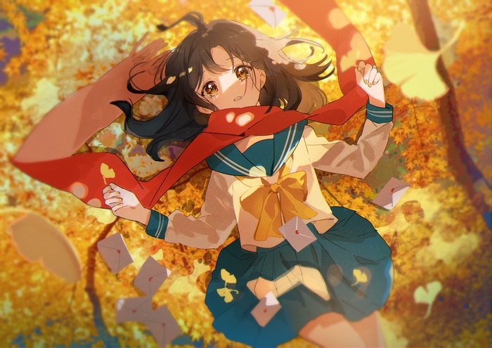 Girl in School Uniform with Red Scarf in Fall