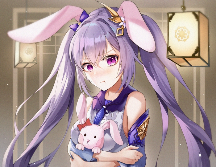 Keqing from Genshin Impact holding a plush toy