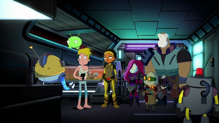 Final Space characters in a spaceship corridor