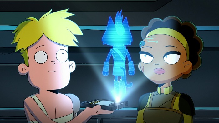 Gary Goodspeed and Little Cato from Final Space with a hologram