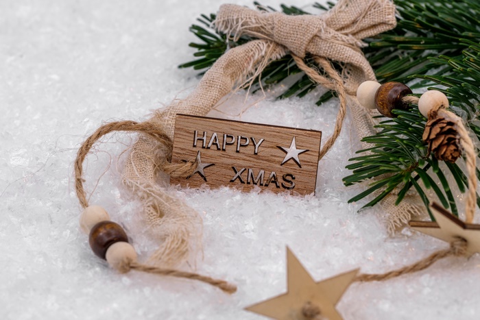 Christmas ornaments with pine branches and snow