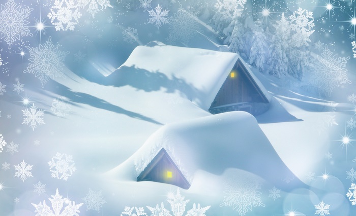Snowy cabins with glowing windows and snowflakes